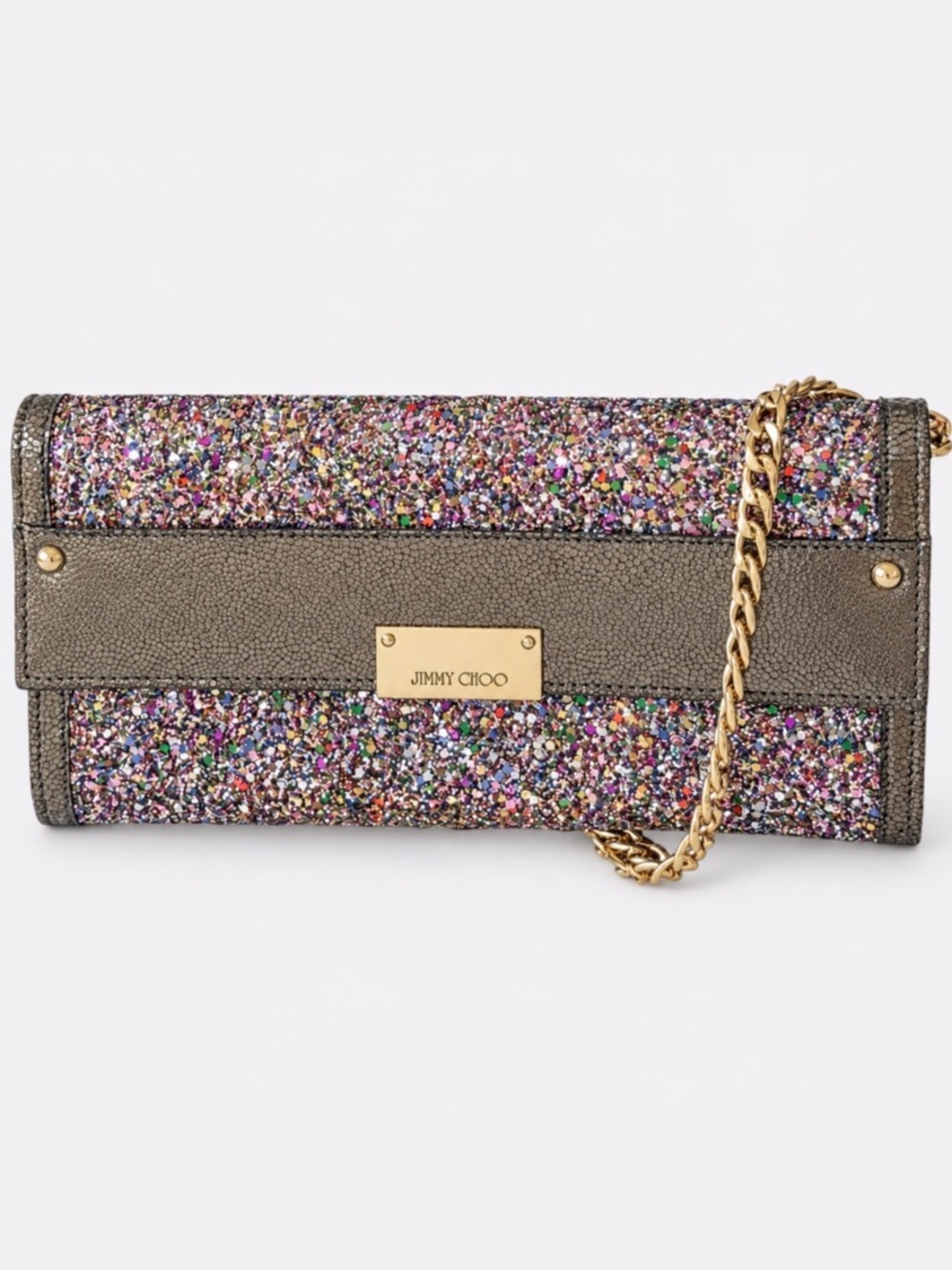 Jimmy Choo Reese Glitter WOC Clutch Crossbody Multicolor Metallic Leather Italy